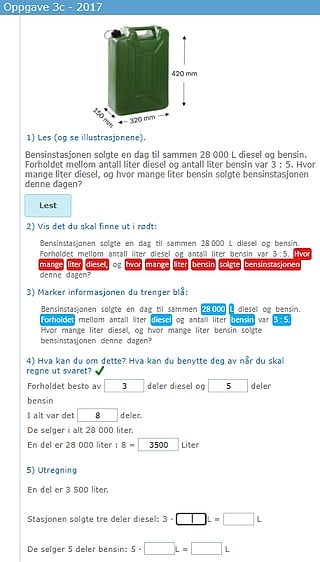 Skjermbilde av en matteoppgave «Oppgave 3c - 2017» om å dele 28 000 liter diesel og bensin i forholdet 3:5