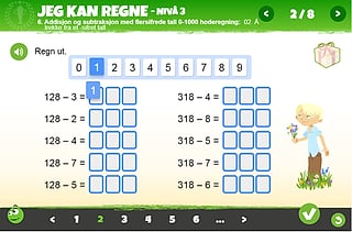 "JEG KAN REGNE – NIVÅ 3" subtraksjonsøvelse med talltastatur og ti oppgaver