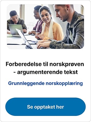 Studenter med bærbare datamaskiner over teksten "Forberedelse til norskprøven - argumenterende tekst" og "Se opptaket her"