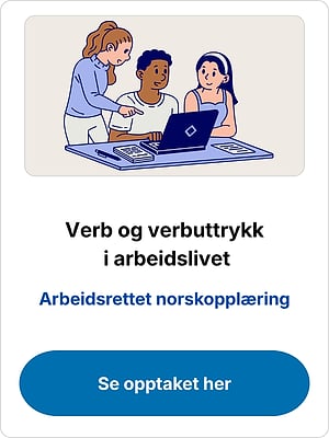 Tre personer ser på en bærbar PC, med teksten "Verb og verbuttrykk i arbeidslivet"