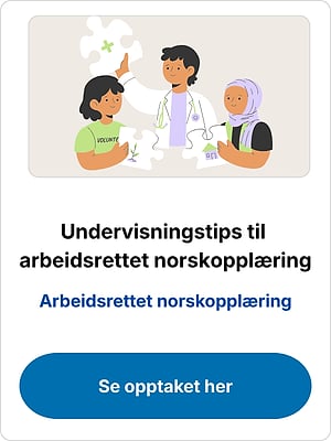 "Illustrasjon av tre personer med puslespillbrikker over overskriften "Undervisningstips til arbeidsrettet norskopplæring"
