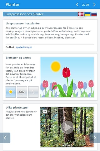 Digital leksjonsside "Planter" med seksjoner om "Livsprosesser hos planter", "Blomster og været" og "Ulike plantetyper"