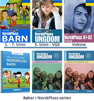 " NorskPluss " undervisningsmateriell: "BARN", "UNGDOM" og "Dialog", pluss " NorskPluss barn" og " NorskPluss ungdom" bøker