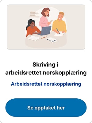 "Skriving i arbeidsrettet norskopplæring" webinar med tre personer som studerer ved et bord