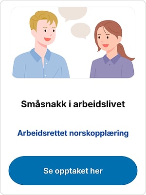 To personer snakker med snakkebobler over seg, over teksten «Småsnakk i arbeidslivet» og «Se opptaket her»