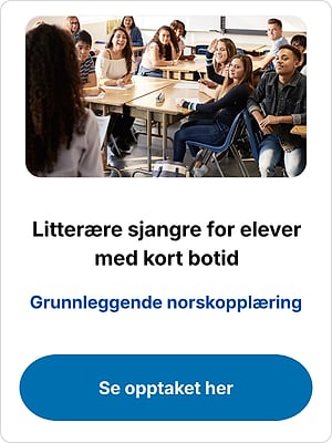 Elever i et klasserom med teksten "Litterære sjangre for elever med kort botid" og en "Se opptaket her"-knapp